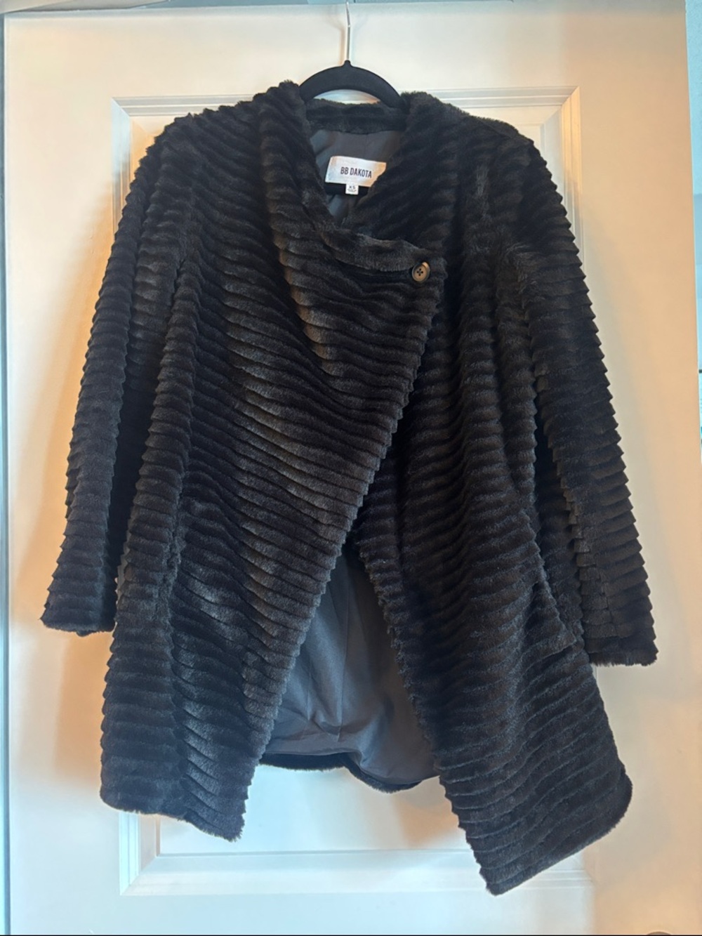 BB Dakota Black Ribbed Faux Fur Teddy Coat with Shawl Collar